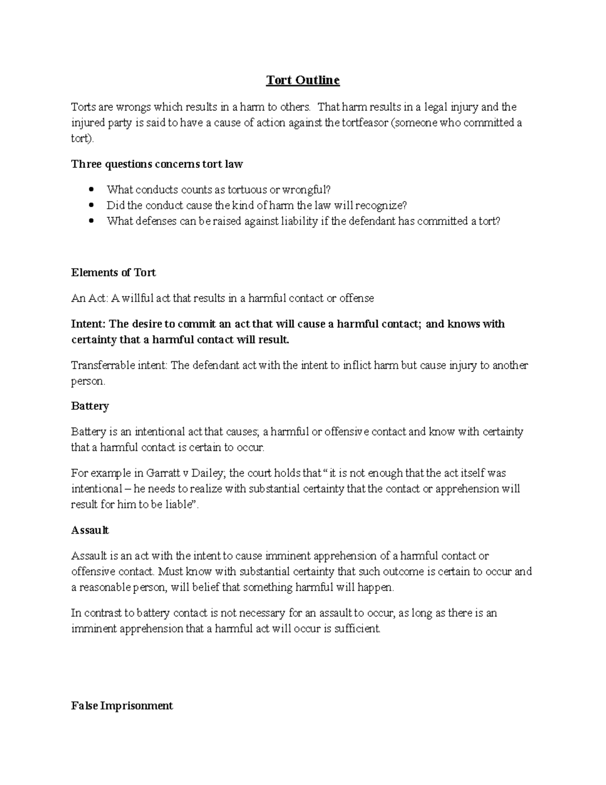 Tort Law Outline - Key Concepts and Cases for Assignment - Studocu
