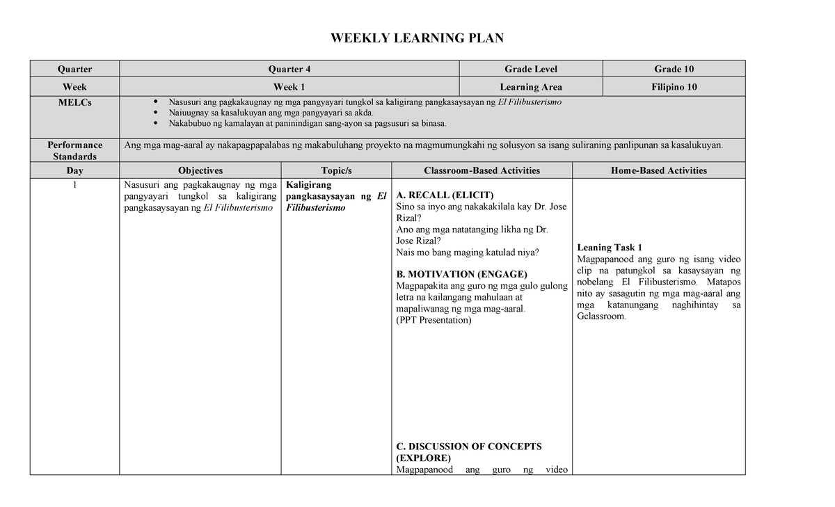 WLP Kwarter 4 - FIL 10 - WEEKLY LEARNING PLAN Quarter Quarter 4 Grade ...