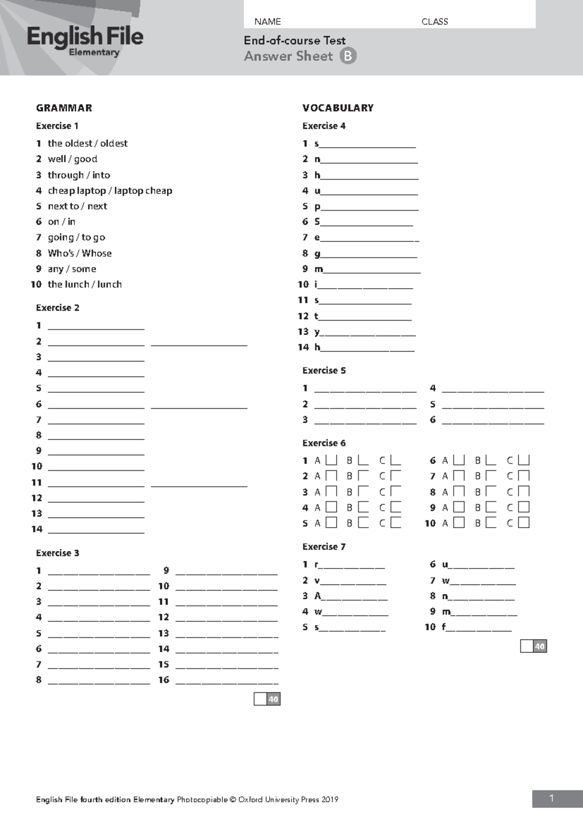 EF4e End-of-Course Test B Answer Sheet and Exercises - Studocu