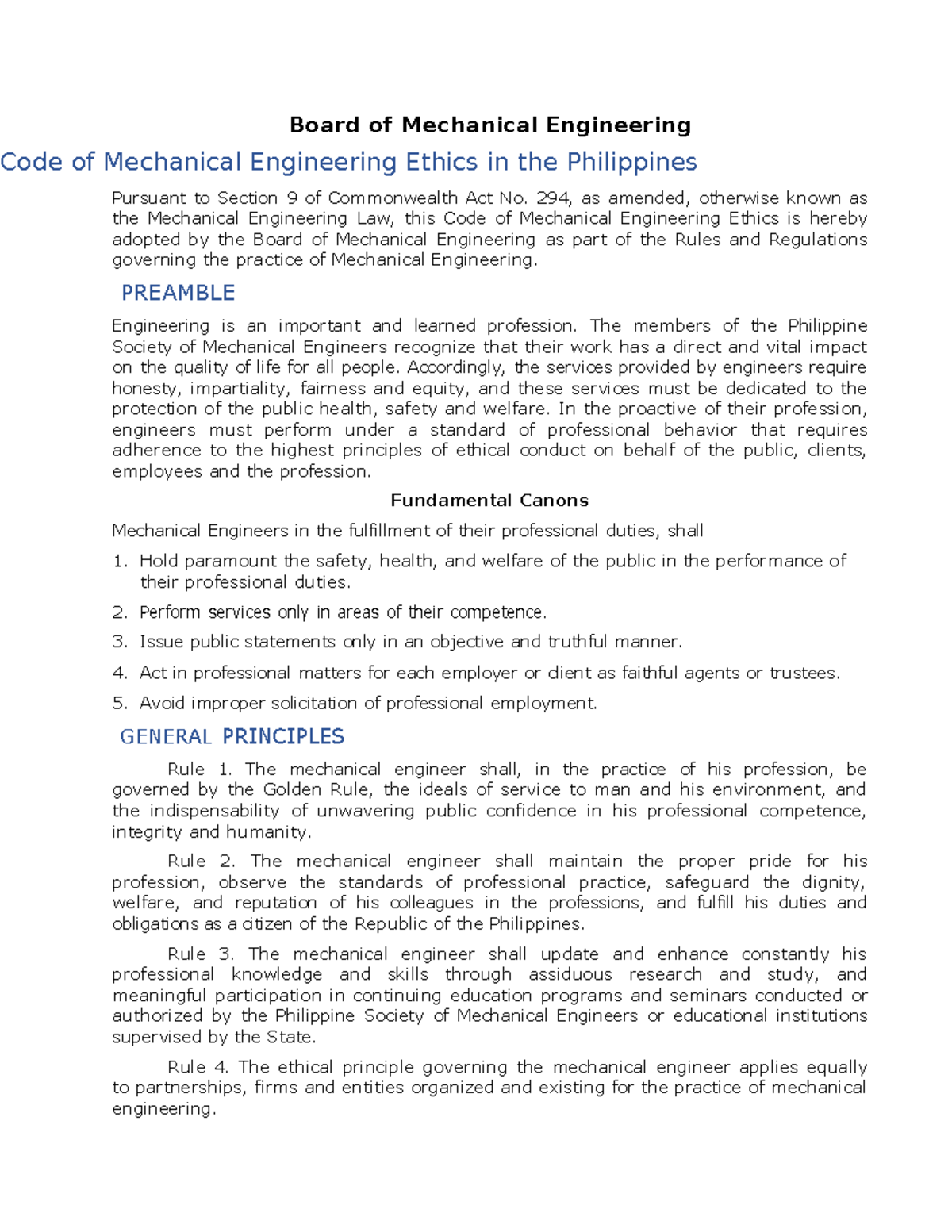 Code - Code of Ethics - Board of Mechanical Engineering Code of ...