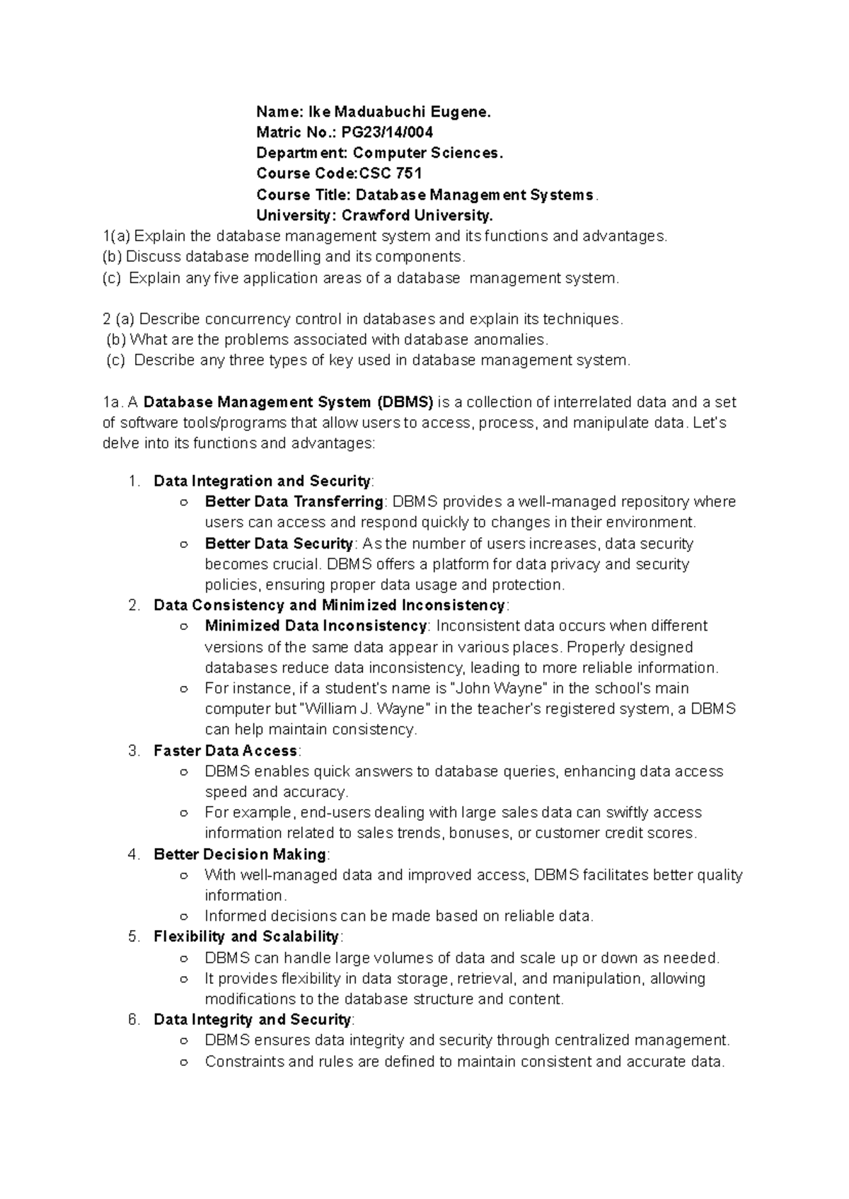 DBMS Assigmnemt - course work - Name: Ike Maduabuchi Eugene. Matric No ...