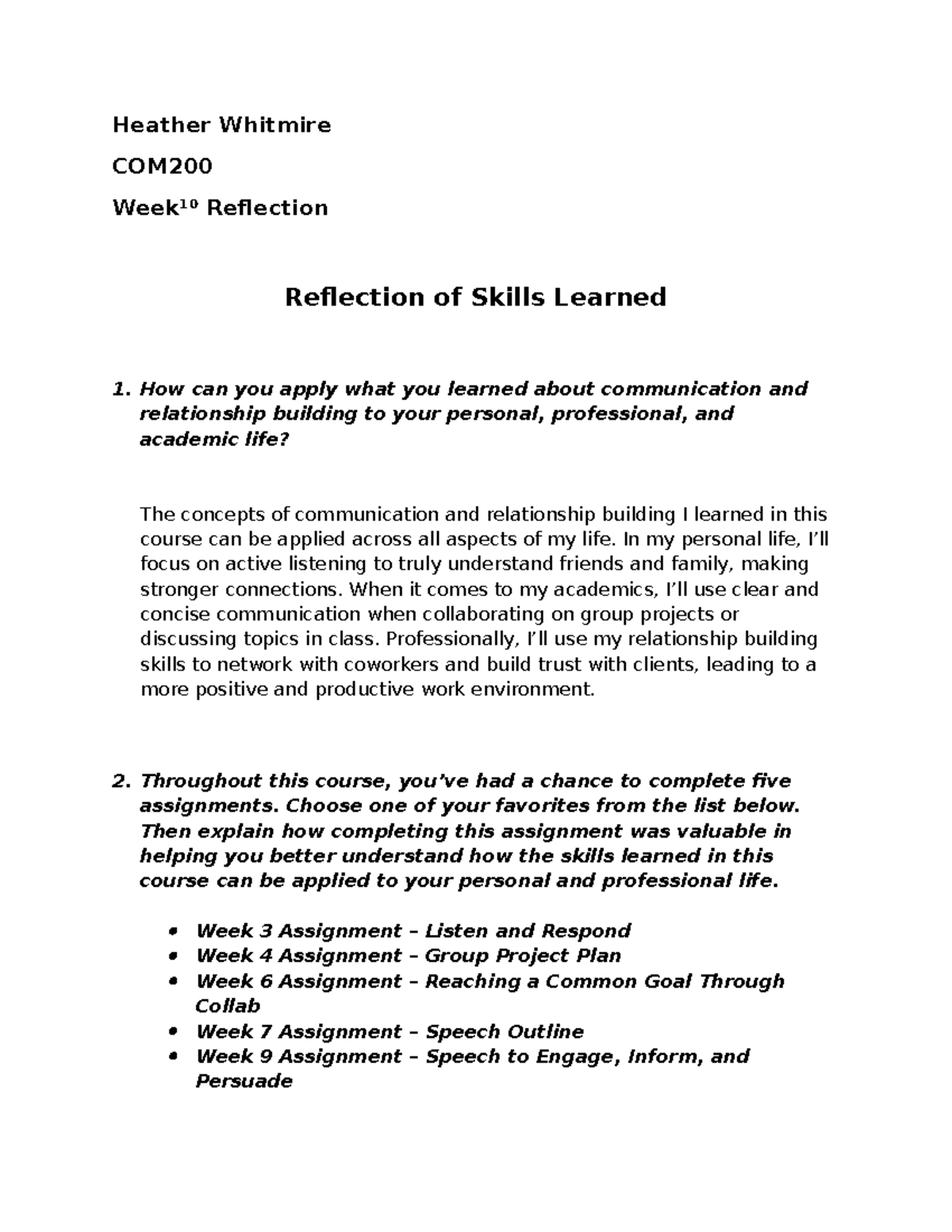 COM200 Week 10 Reflection: Applying Communication Skills for Success ...
