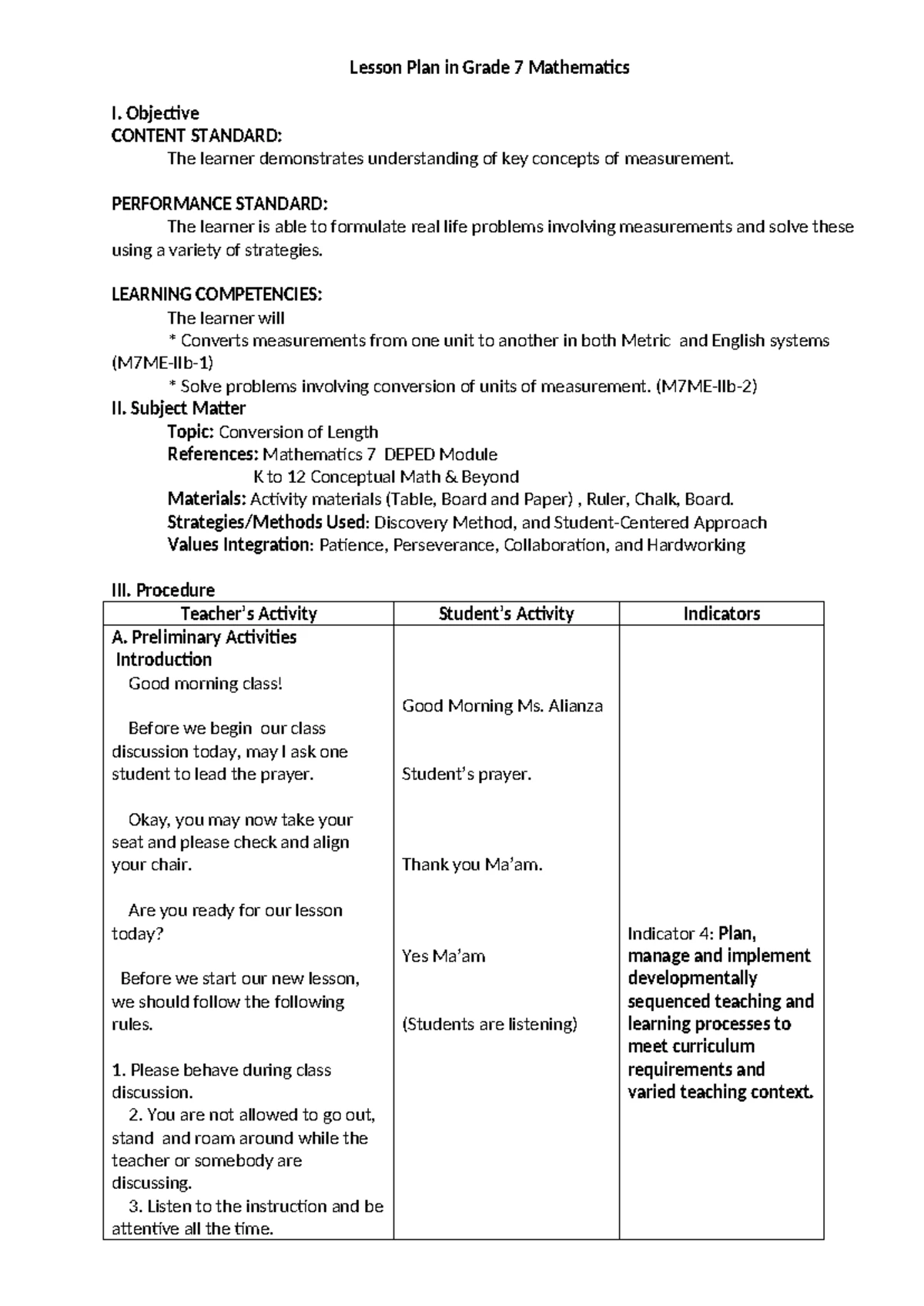 Grade 7 Math Lesson Plan: Conversion of Weight (M7ME-IIb-1) - Studocu