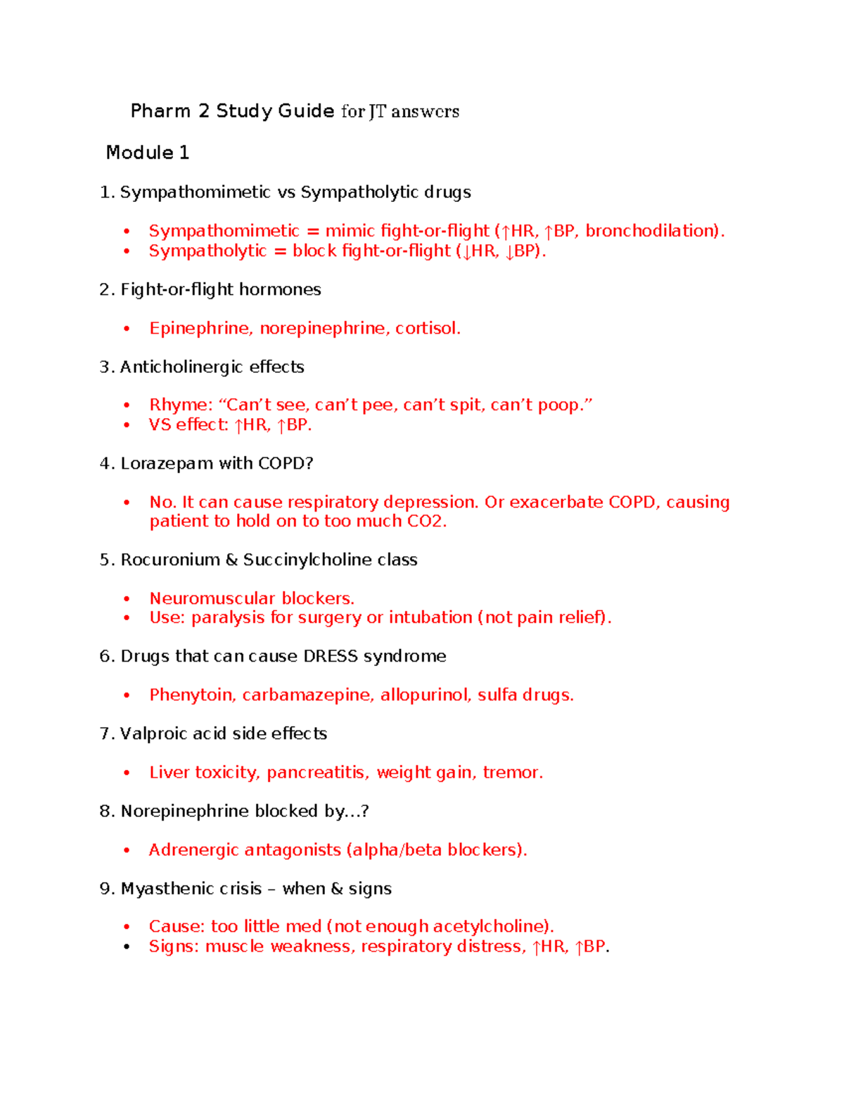 Pharm 2 Final Exam Study Guide: Key Concepts & Drug Effects - Studocu