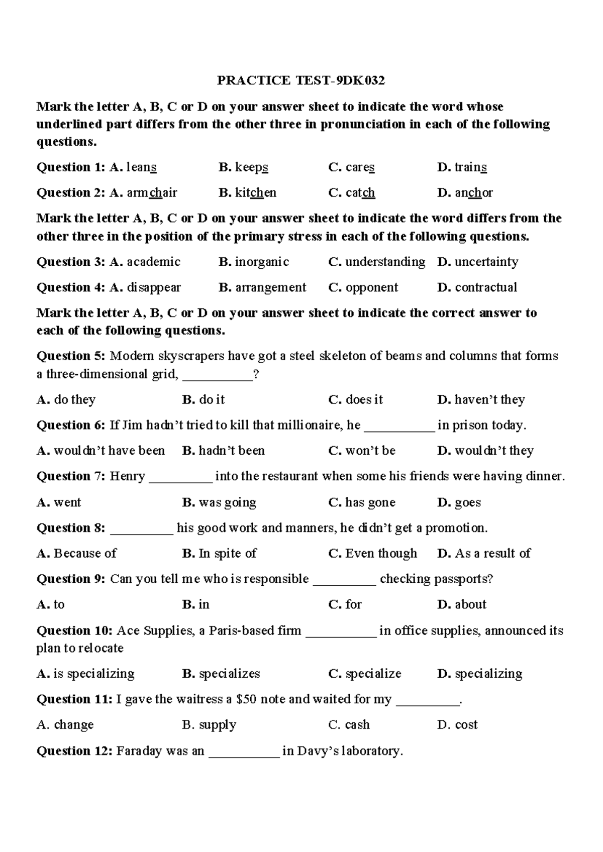 Practice Test: Pronunciation, Stress, and Grammar Questions (ENG 101 ...