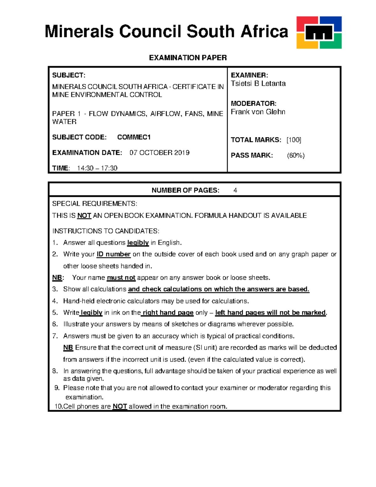 Final Exam - COMMEC: Certificate in Mine Environmental Control - Studocu