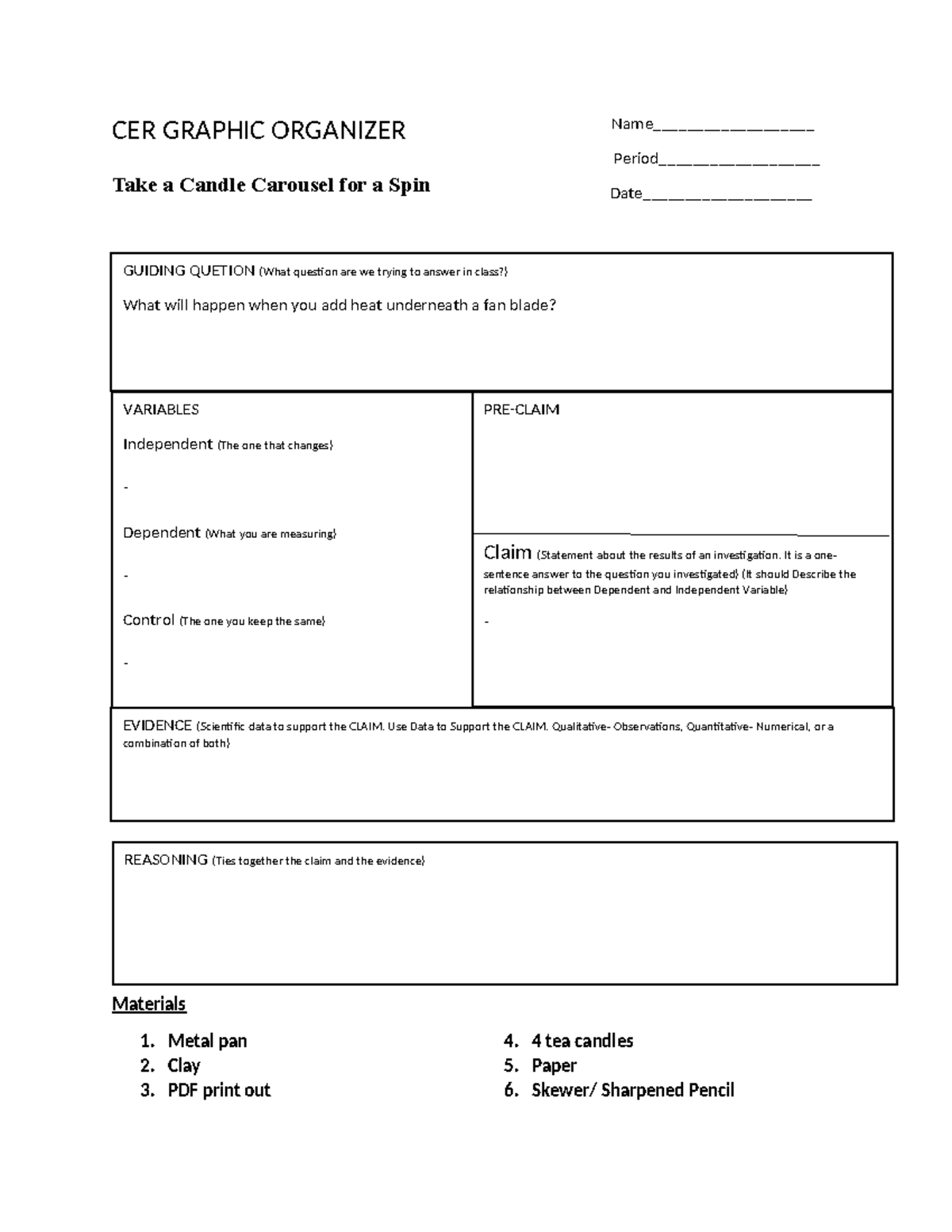 Candle Carousel Experiment: CER Graphic Organizer - BIO 101 - Studocu