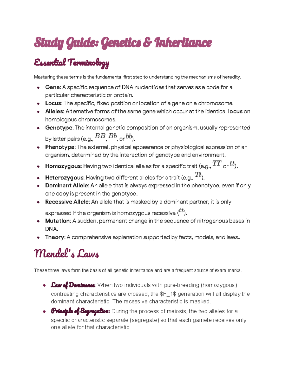Genetics Inheritance Study Guide: Essential Terms & Concepts - Studocu