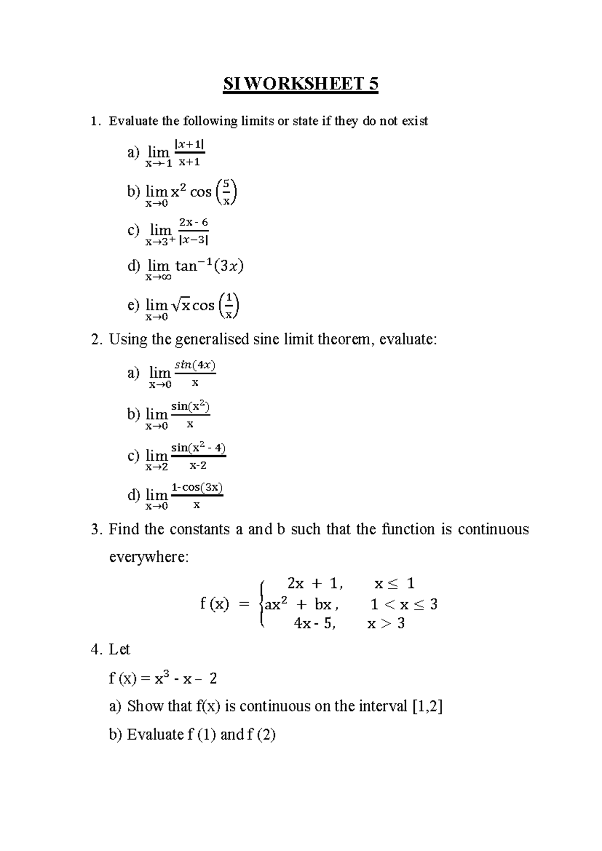 SI Worksheet 5: Evaluating Limits and Continuity in Calculus - Studocu