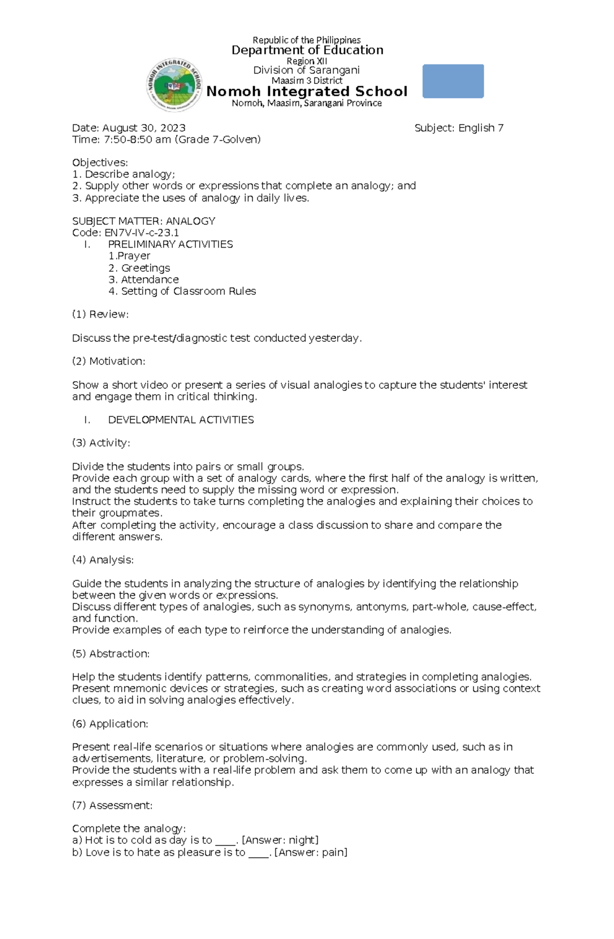 English 7 Lesson Plan: Understanding and Using Analogies (Aug 30) - Studocu