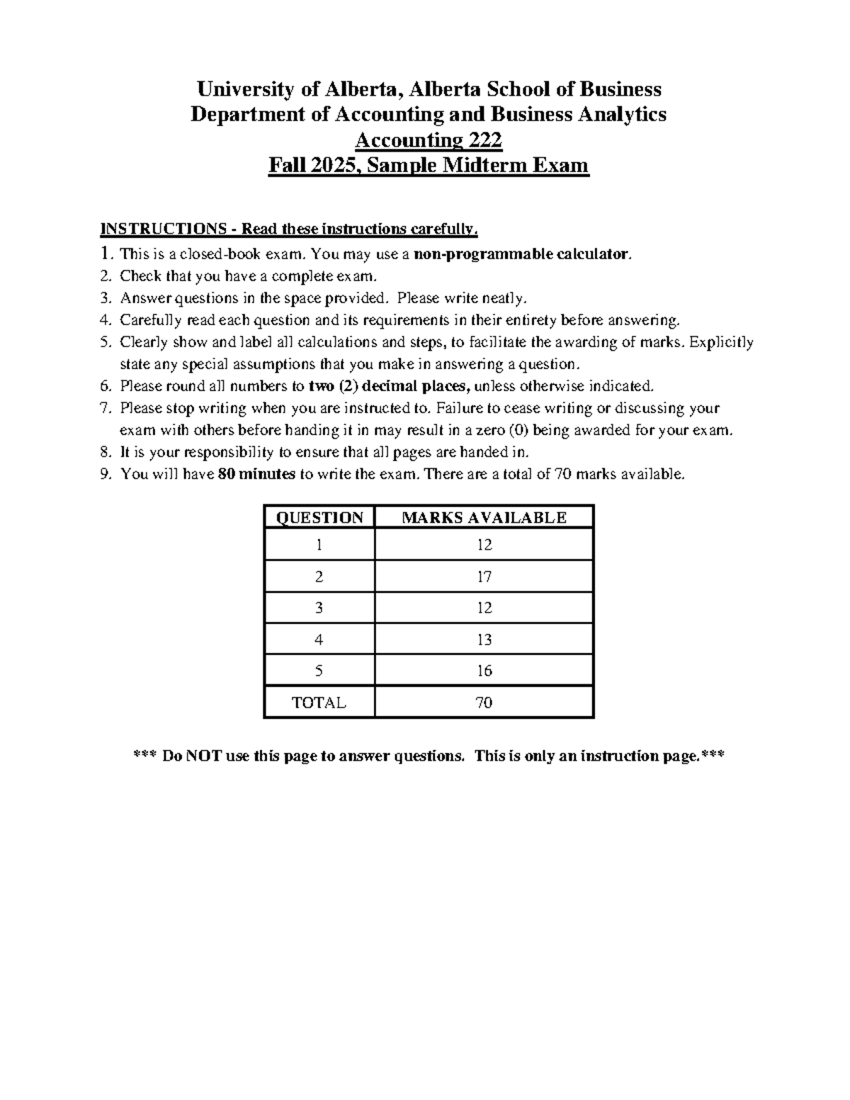 Acctg 222 Fall 2025 Sample Midterm Exam Instructions and Questions ...