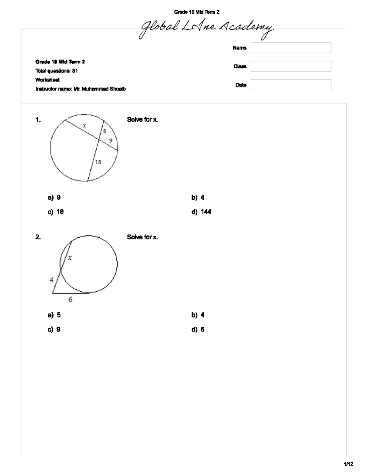 Grade 10 Math Mid Term 2 Worksheet - Total Questions: 31 - Studocu
