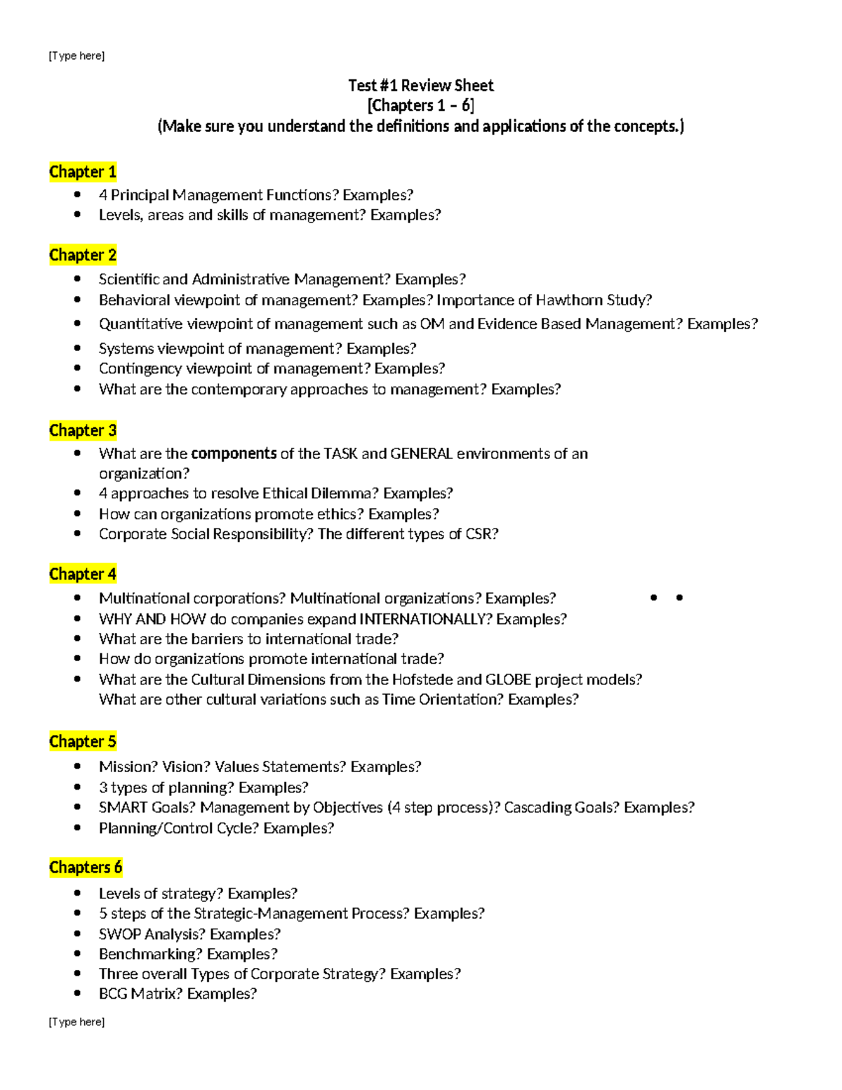 Test #1 Review Sheet for Management Concepts (Chapters 1-6) - [Type ...