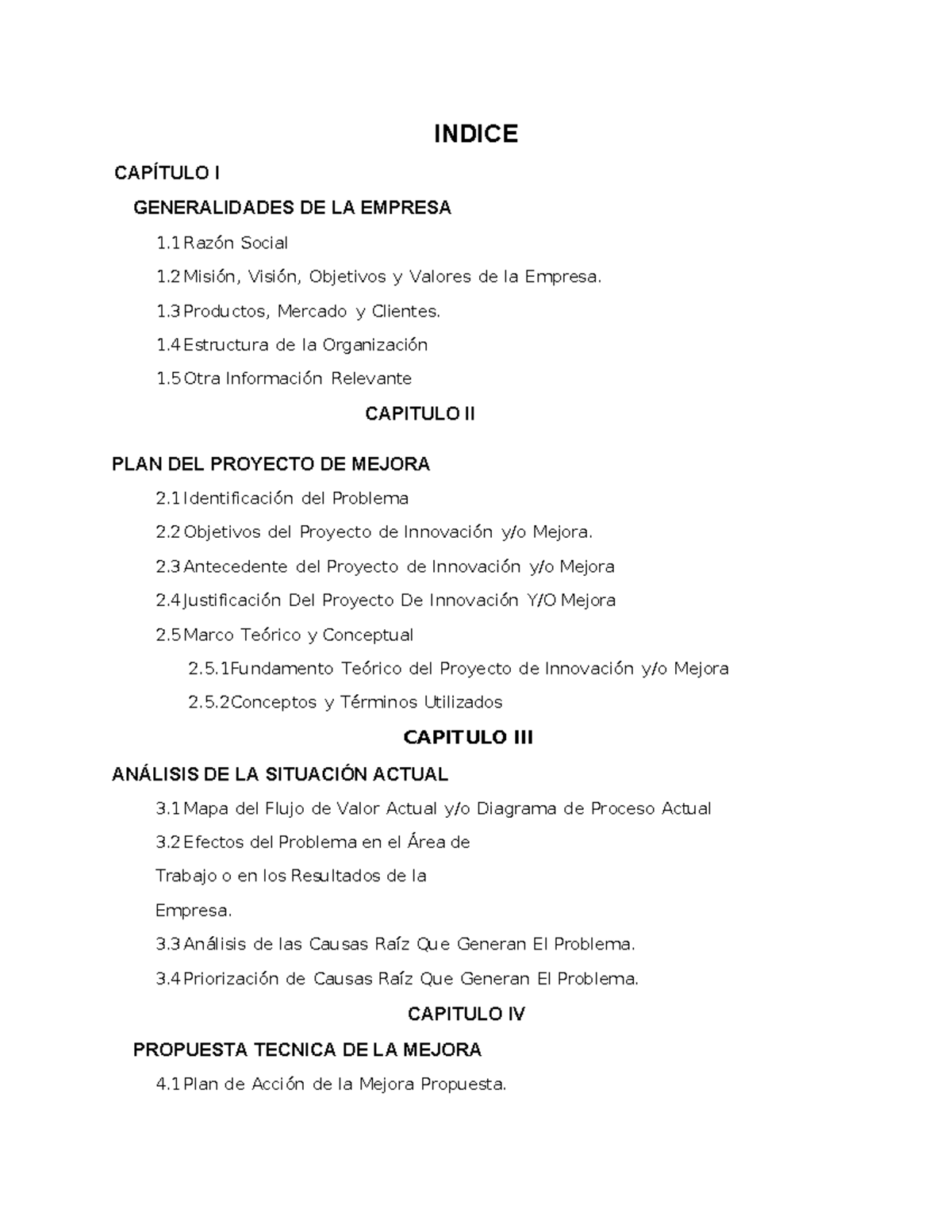 Índice del Trabajo: Proyecto de Mejora Empresarial - Studocu