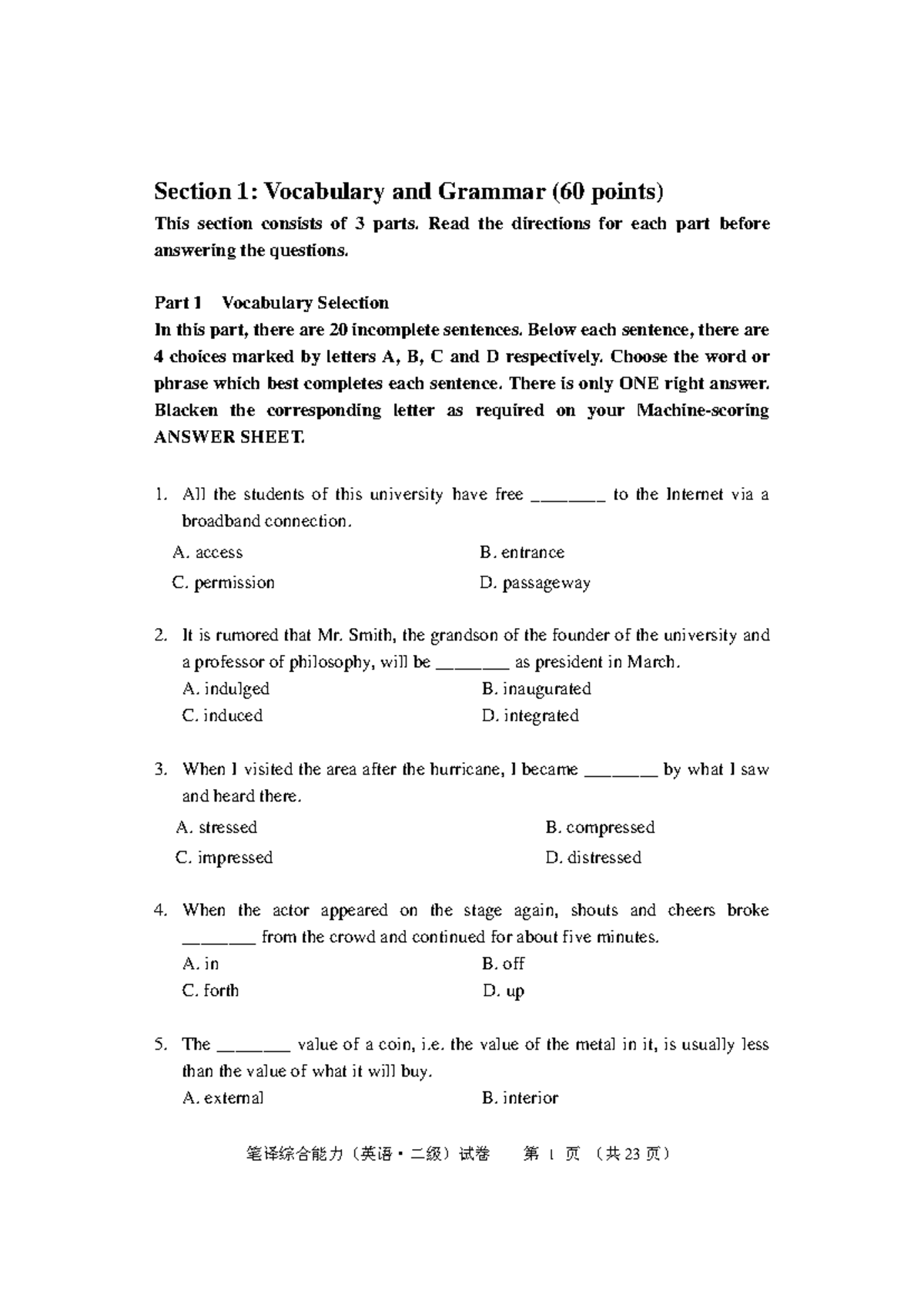 **CATT II Sample Exam Paper: Vocabulary, Grammar & Reading Comp** - Studocu