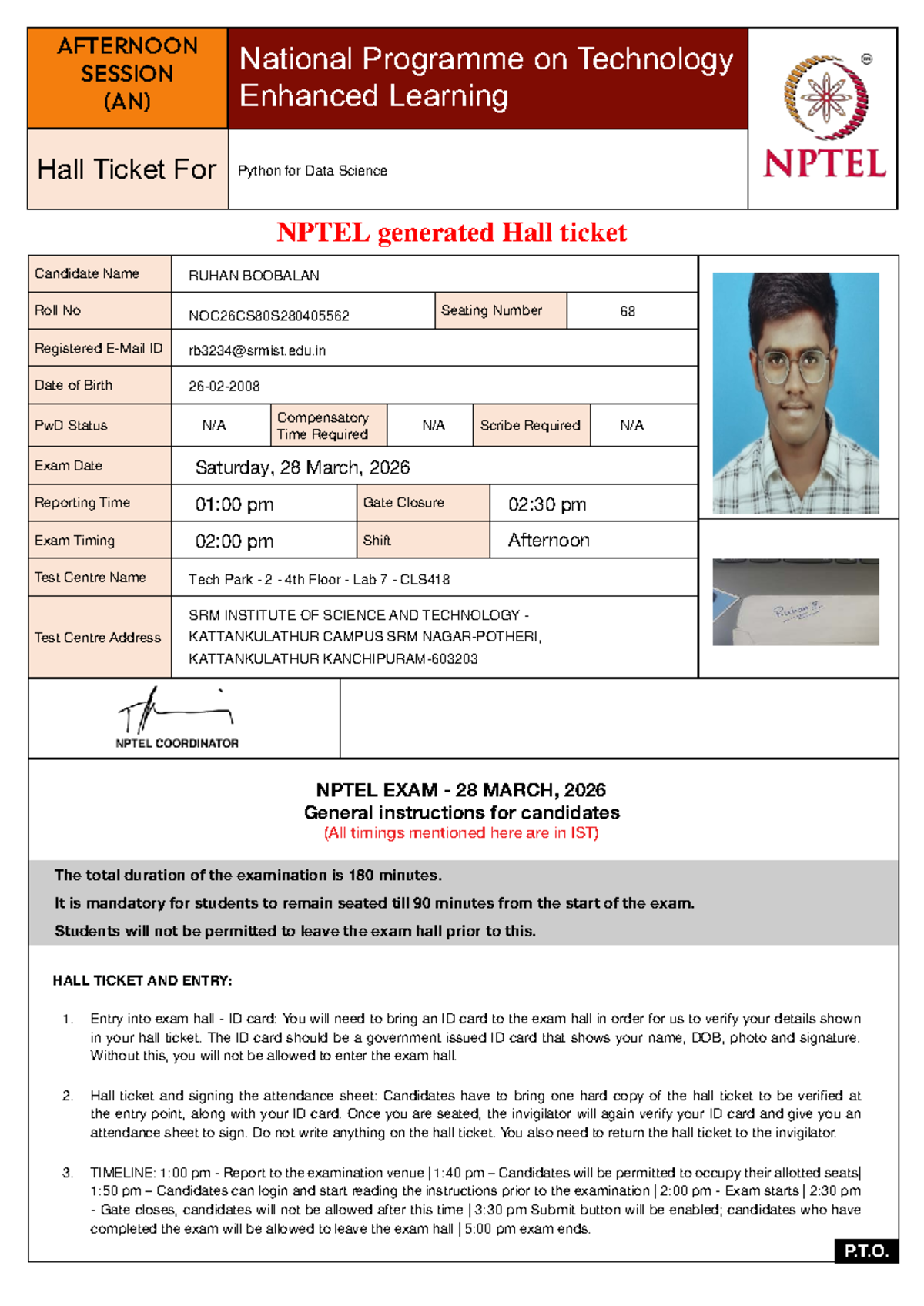 NPTEL Hall Ticket for Python for Data Science Exam - 28 March 2026 ...