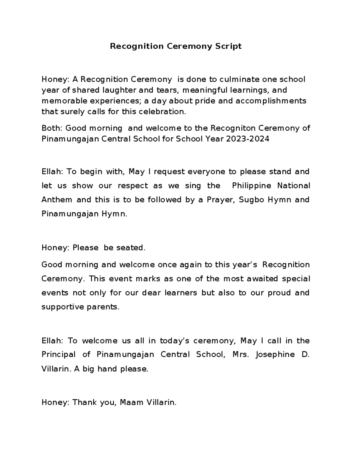 Recognition Ceremony Script for Pinamungajan Central School 2023 - Studocu