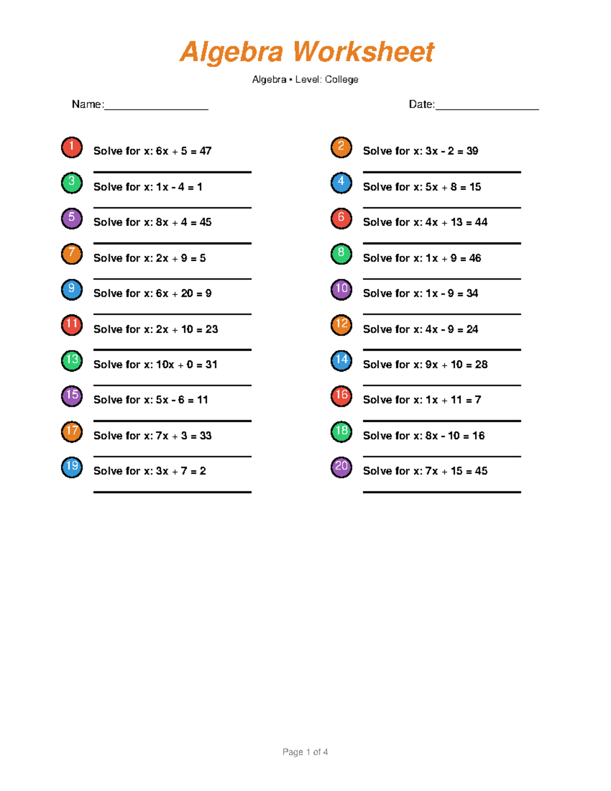 Algebra Worksheet (College 1) - Problem Solving Exercises - Studocu