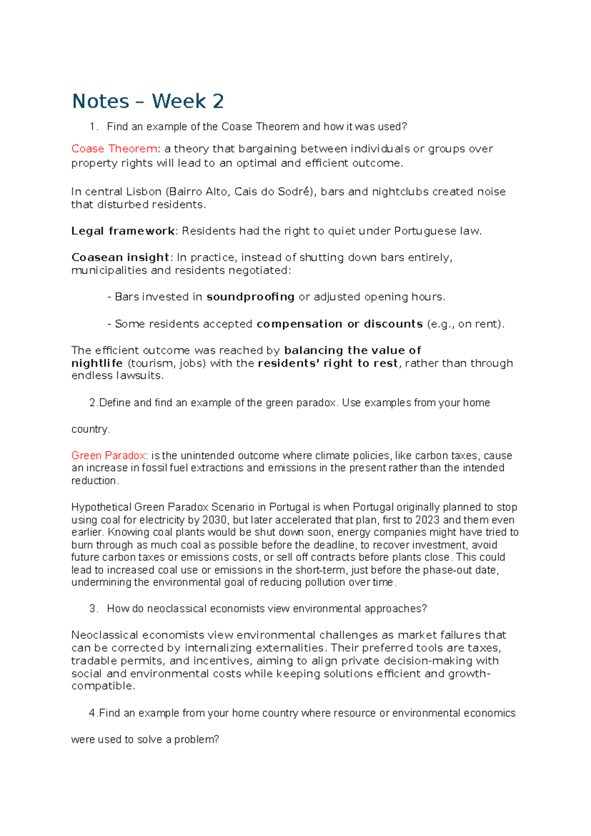Notes - Week 2: Coase Theorem & Green Paradox Examples - Studeersnel