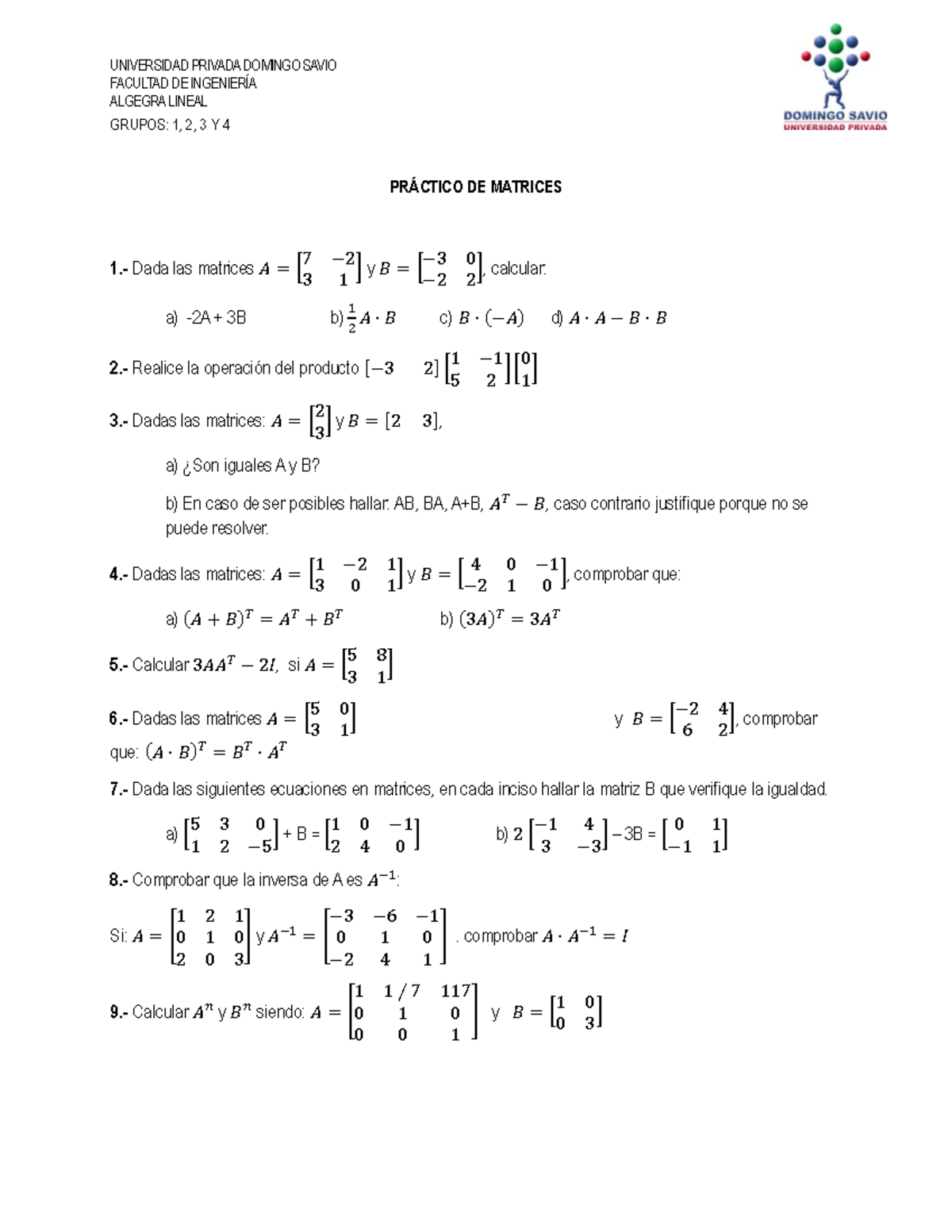 Práctico de Matrices - Álgebra Lineal (Grupos 1, 2, 3 y 4) - Studocu