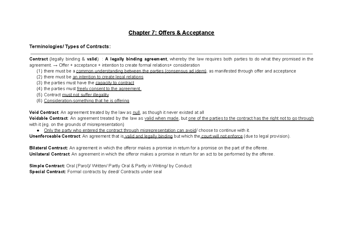 Chapter 7: Understanding Offers & Acceptance in Contract Law - Studocu
