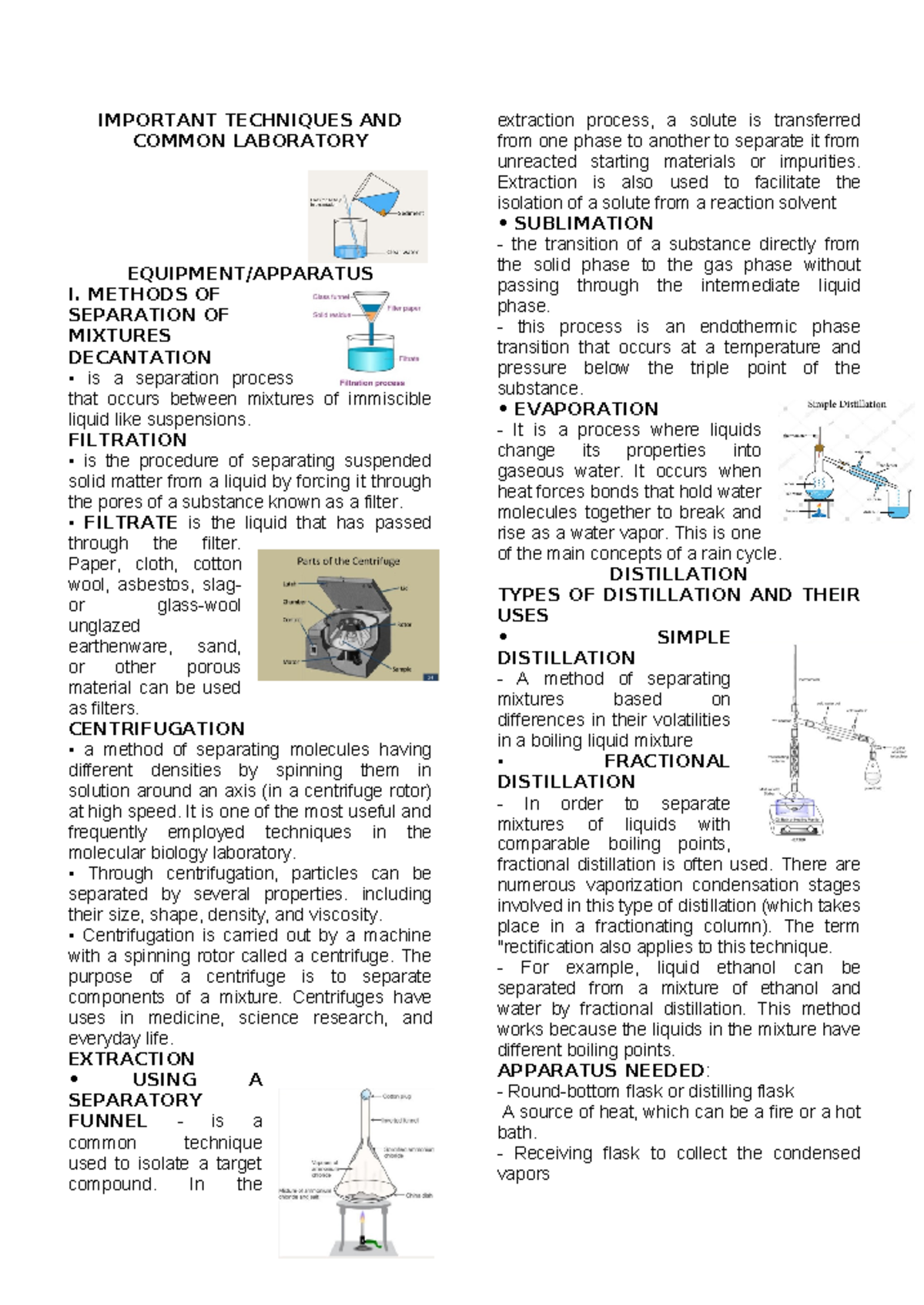 Lecture Notes - IMPORTANT TECHNIQUES AND COMMON LABORATORY EQUIPMENT ...