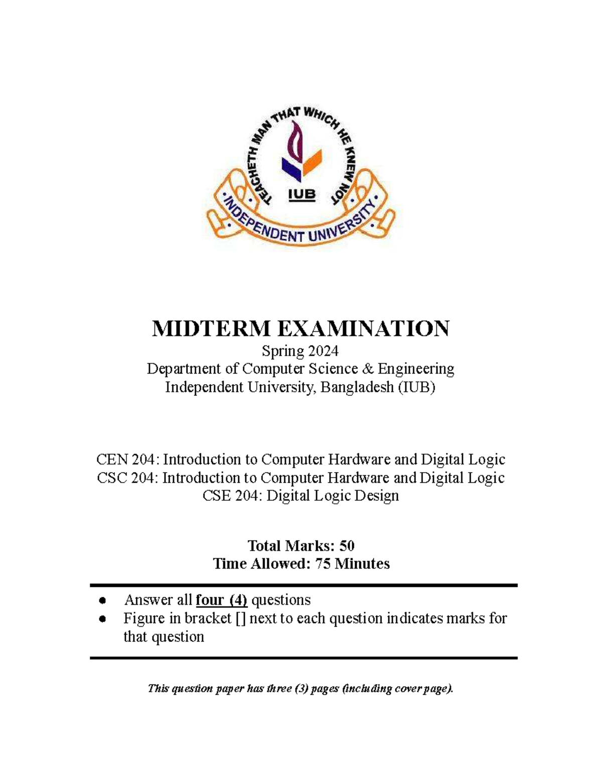 CSE 204 Midterm Exam Spring 2024: Computer Hardware & Digital Logic ...