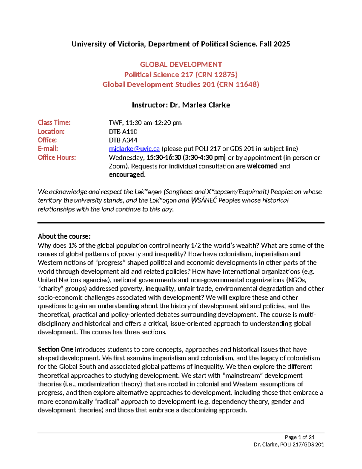 POLI 217 & GDS 201 Course Outline: Global Development Studies Fall 2025 ...
