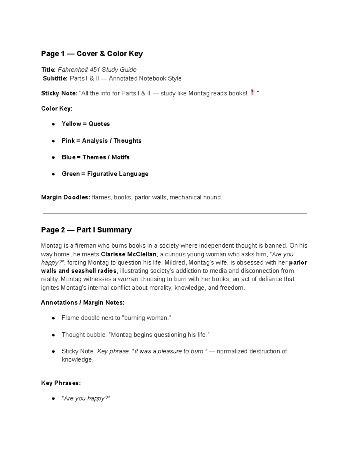Fahrenheit 451 Study Guide: Annotated Notes for Parts I & II - Studocu