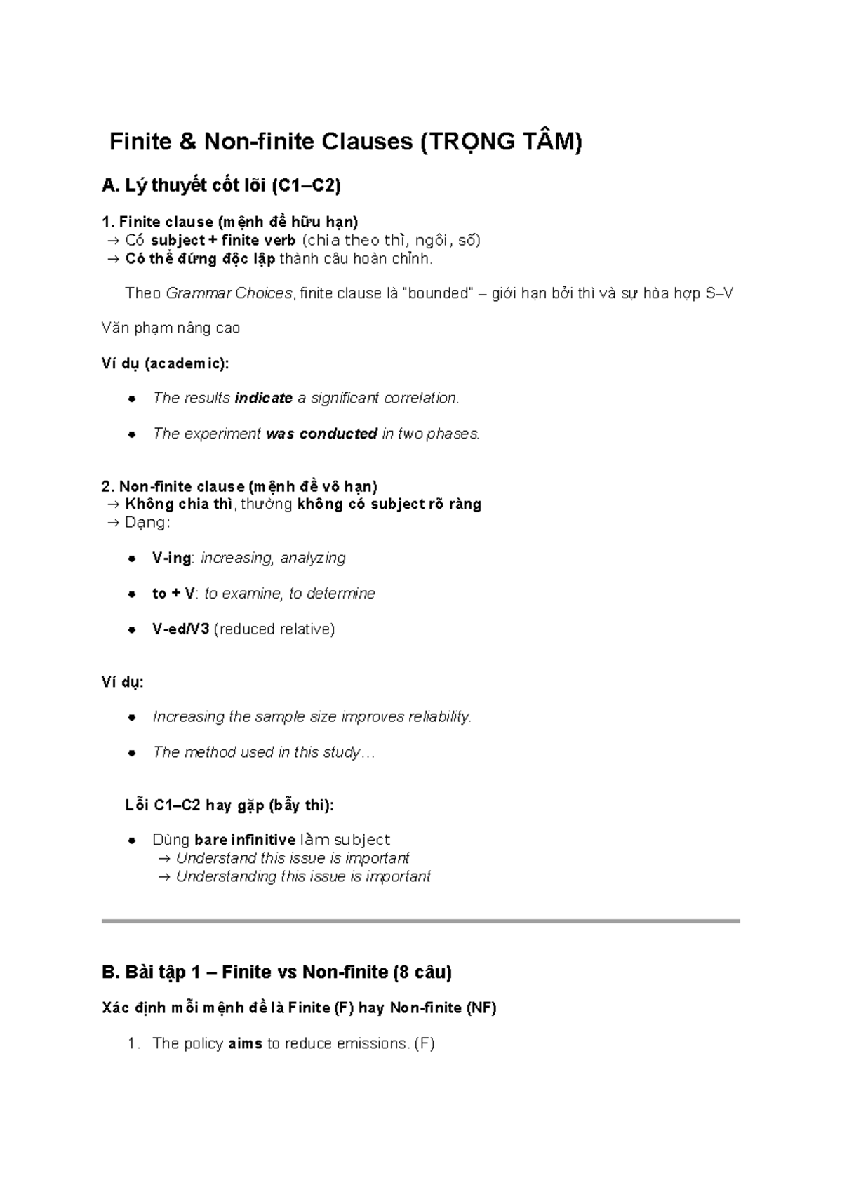 Revision Notes for Finite Clauses and Verb Types (TRỌNG TÂM) - Studocu