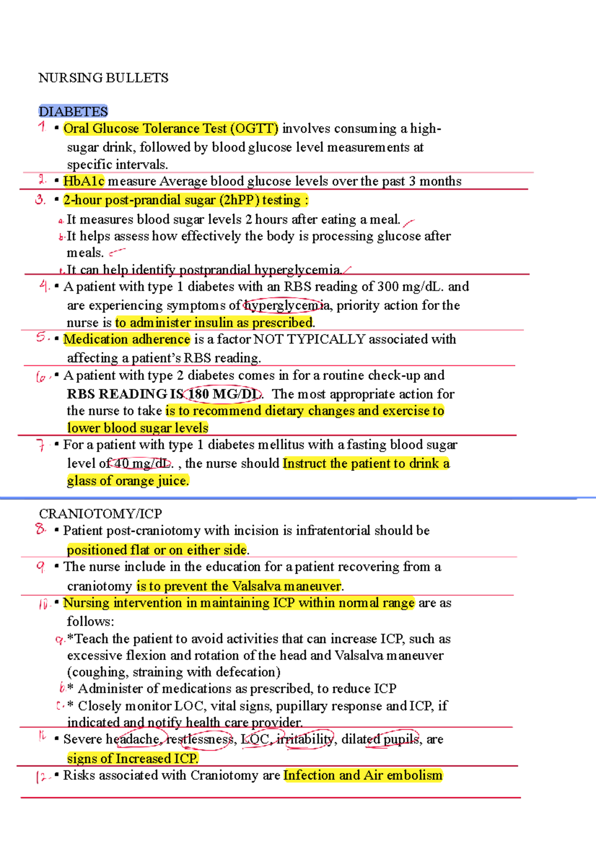 NURS 101: Nursing Bullets on Diabetes, Seizures, and Hearing Aids - Studocu