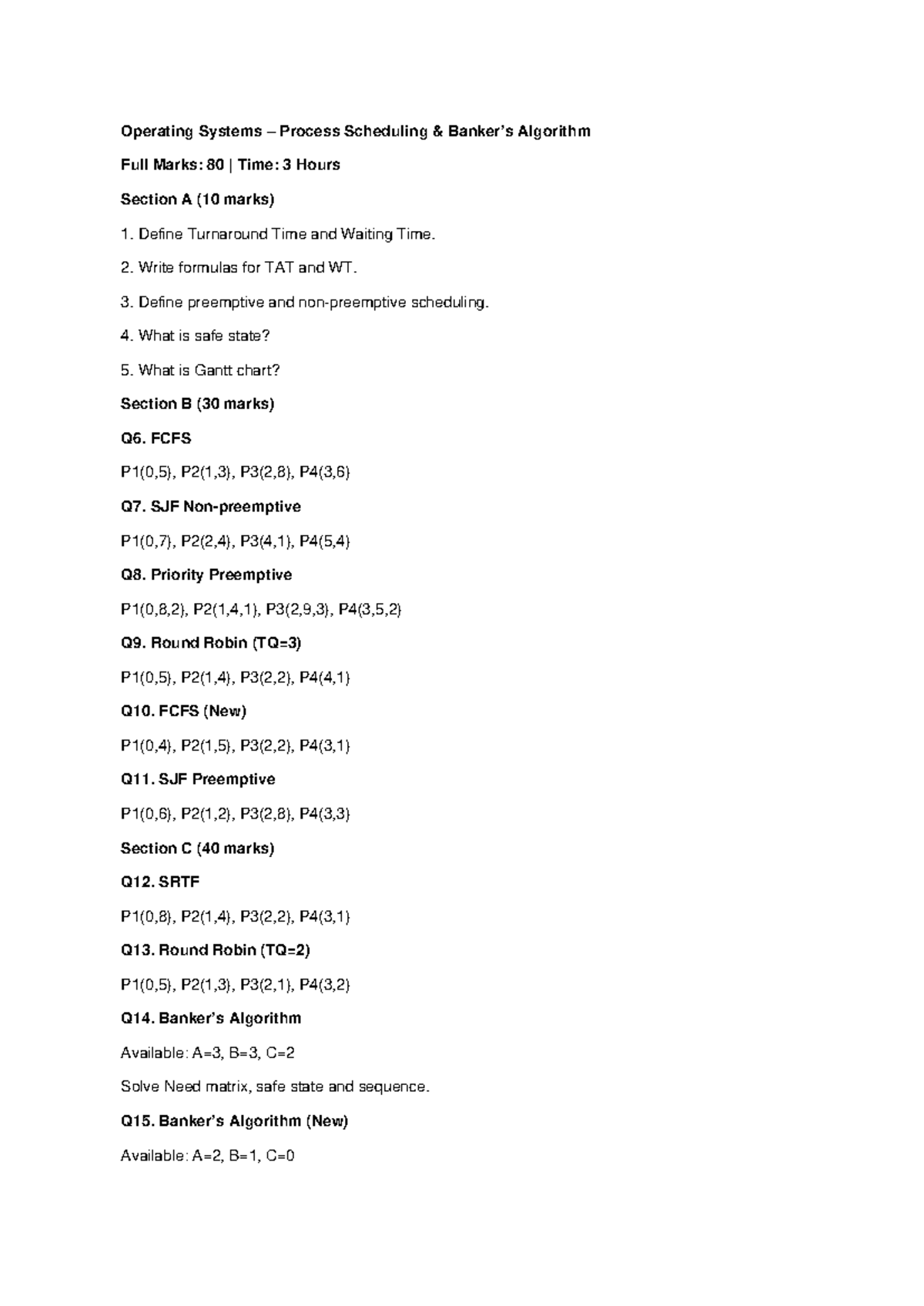 OS Process Scheduling Algorithms - Question Paper (Full Marks: 80 ...