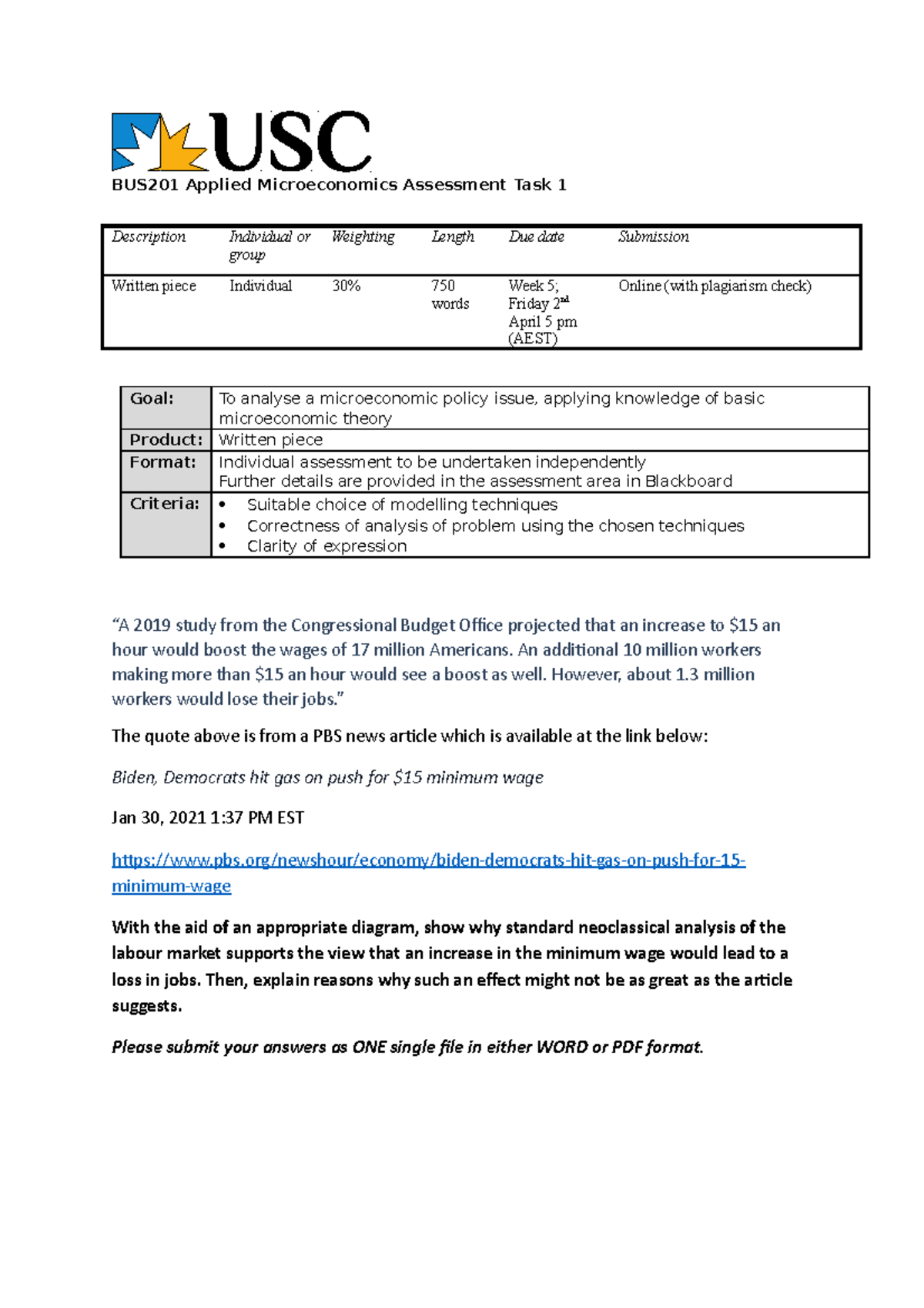 BUS201 TASK 1 - BUS201 Applied Microeconomics Assessment Task 1 ...