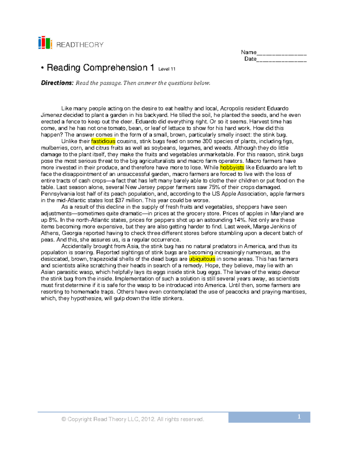 READTHEORY Reading Comprehension Level 11: Stink Bugs and Their Impact ...