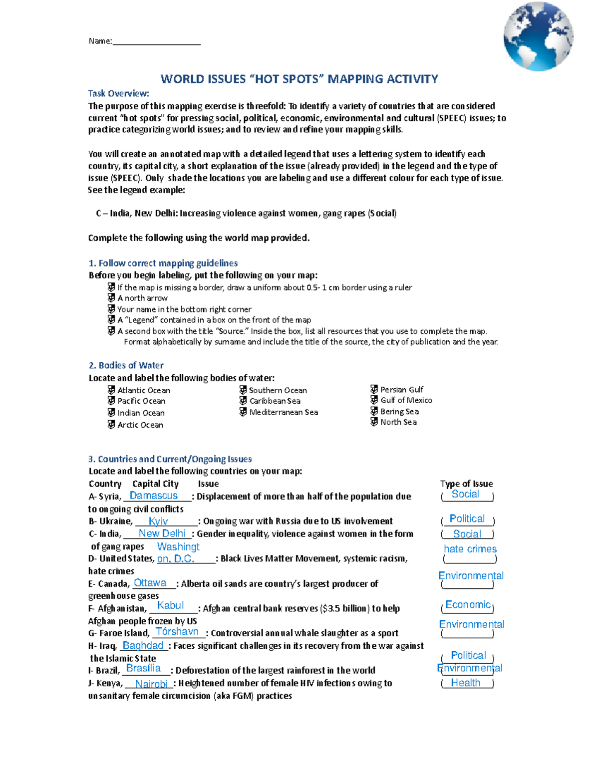 World Issues Mapping Activity (2023-24): Hot Spots & SPEEC Issues - Studocu