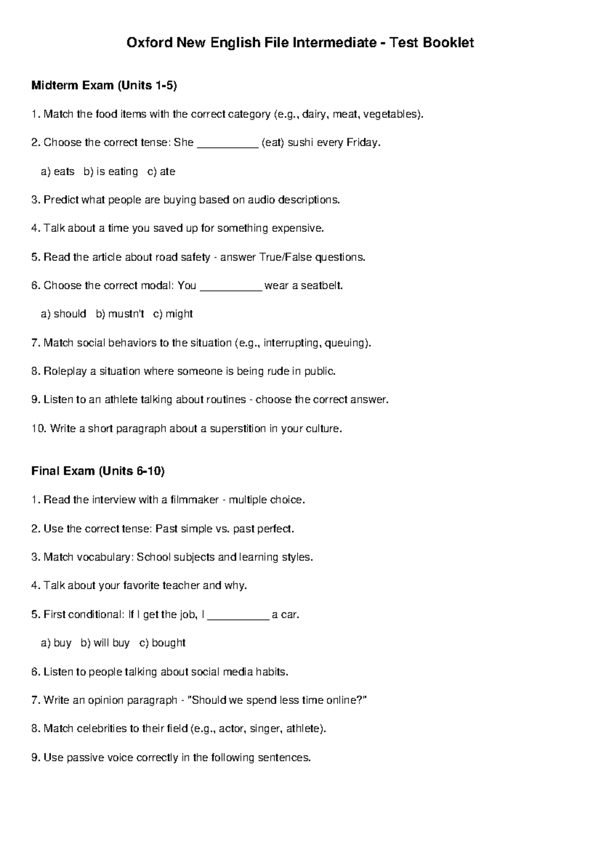 Oxford New English File Intermediate Test Booklet Midterm & Final Exam ...