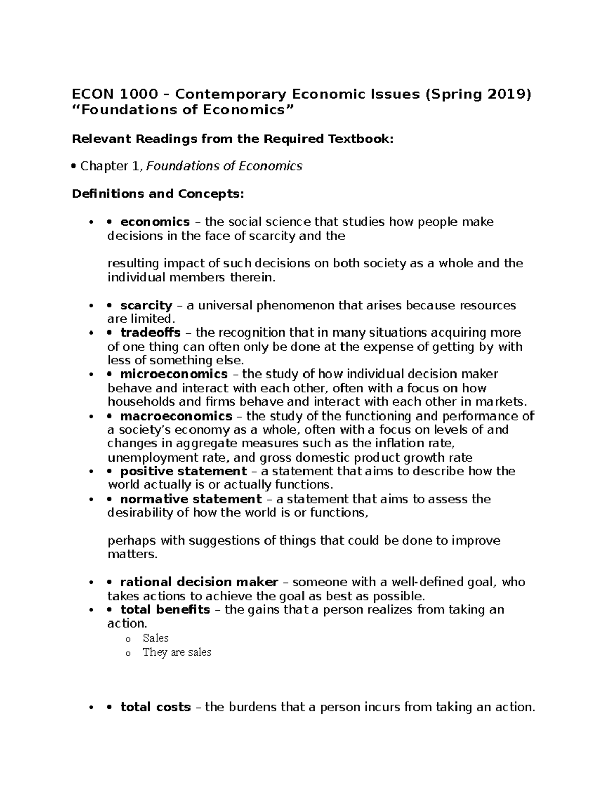 ECON 1000 Spring 2019 Day 1 Lecture Notes on Economics Foundations ...
