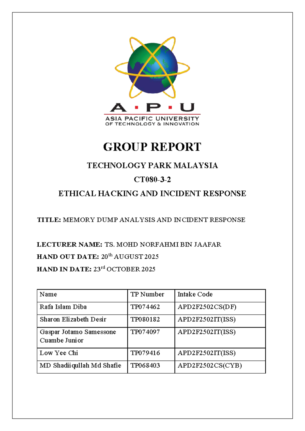 APD2F2502CS(DF) Group Report: Memory Dump Analysis & Incident Response ...