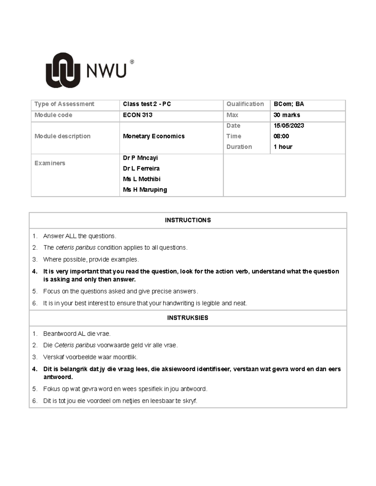 ECON 313 Class Test 2 Memo: Key Insights & Responses in Monetary ...