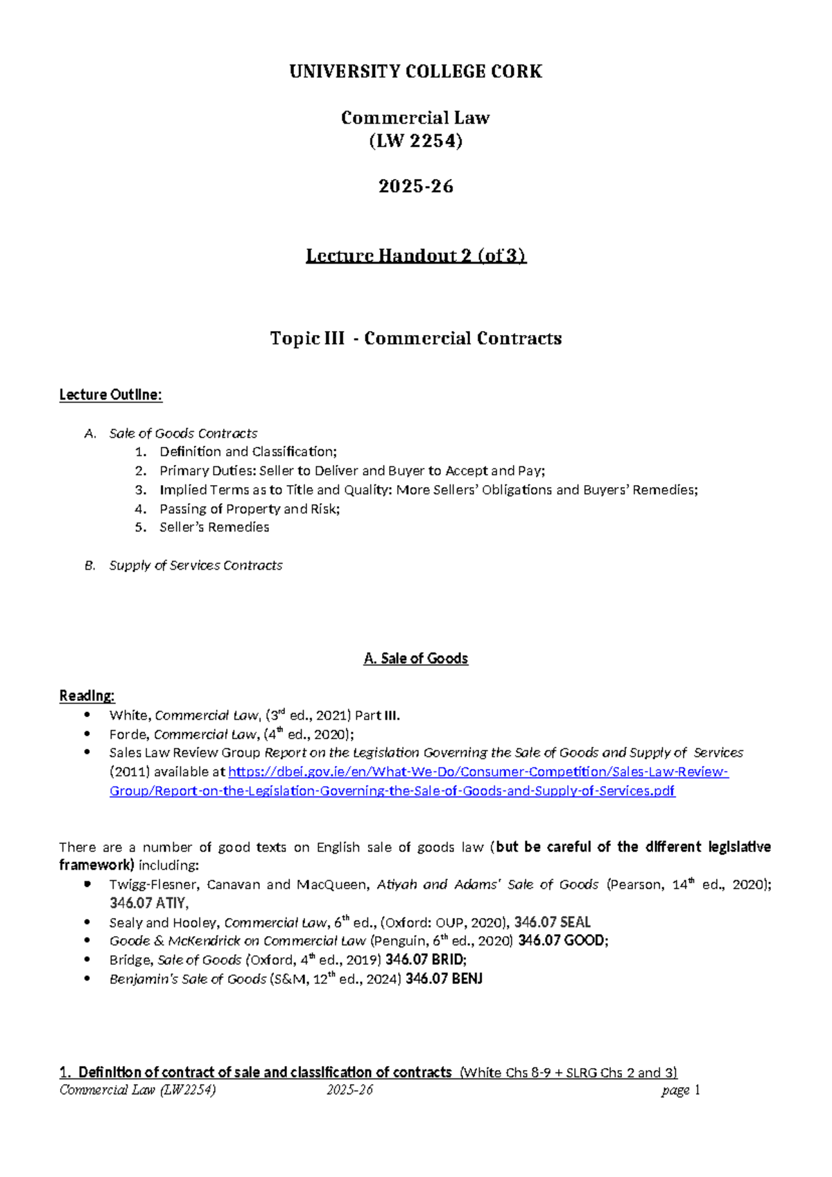 Commercial Law (LW2254) Lecture Handout 2: Sale of Goods & Services ...