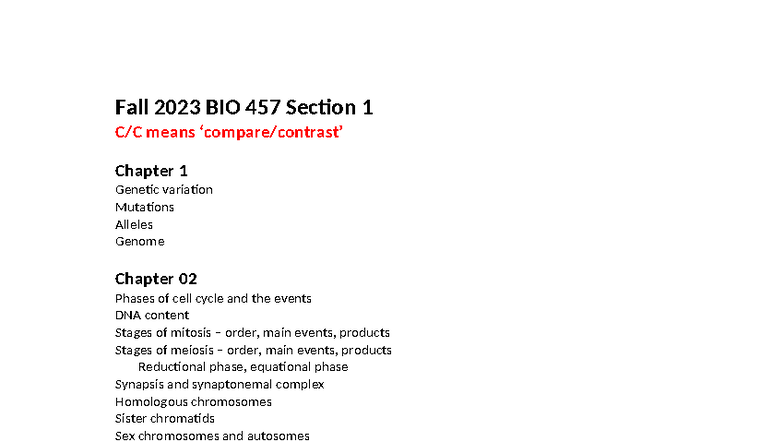 Fall 2025 BIO 457 Quiz 1 Study Guide: Genetics Overview - Studocu