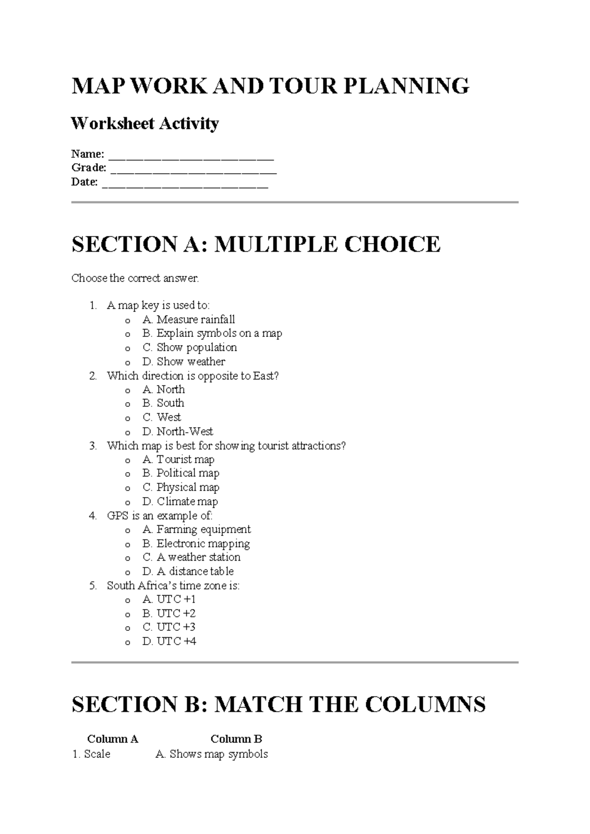 MAP WORK AND TOUR PLANNING Worksheet Activity - Studocu