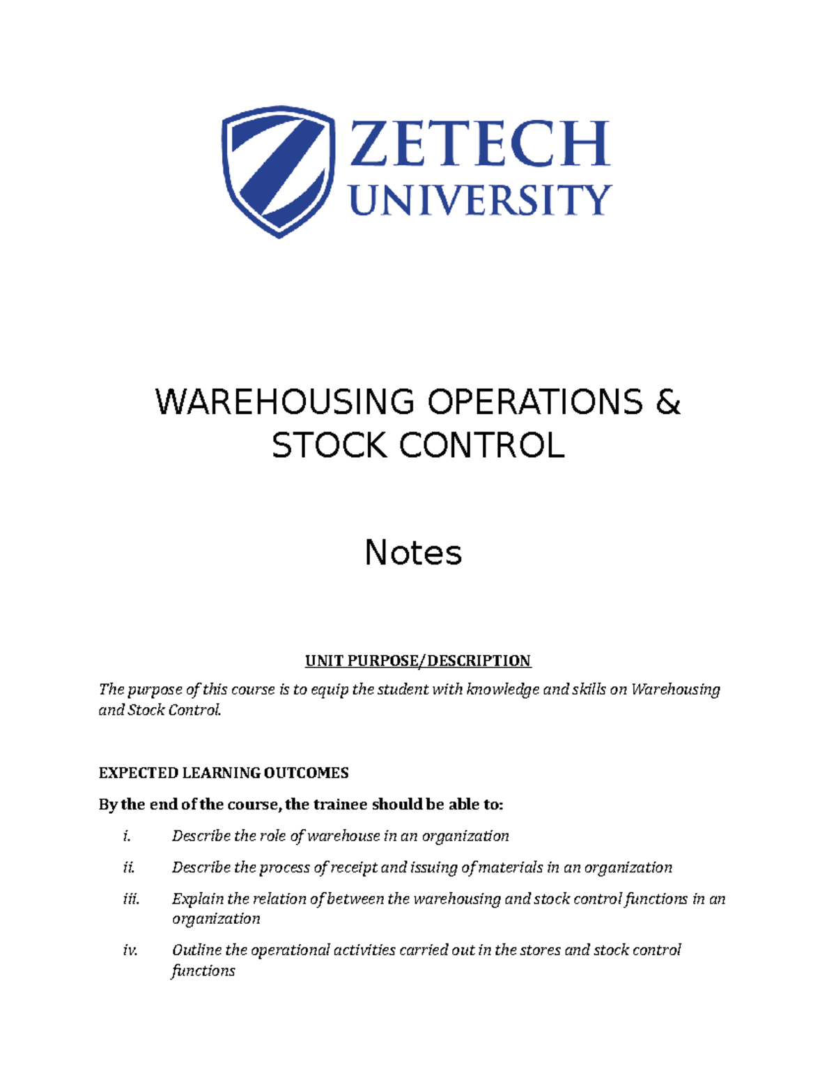 Stores Management (SM 101): Warehousing & Stock Control Notes - Studocu