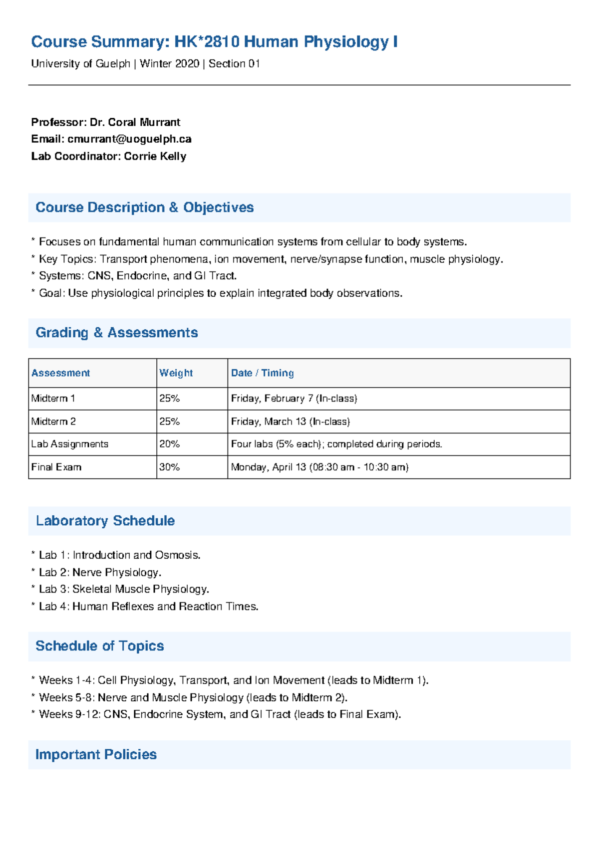 HK2810 Course Summary: Human Physiology I - Winter 2020 - Studocu