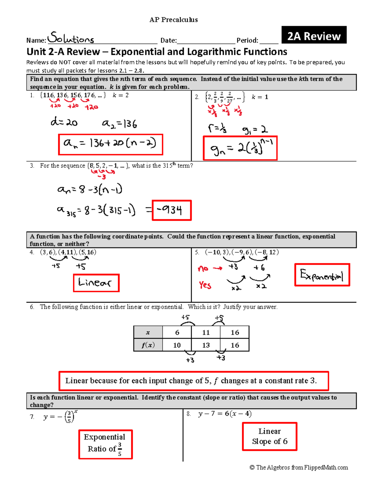AP Precalculus 2A Unit Review: Exponential & Logarithmic Functions ...