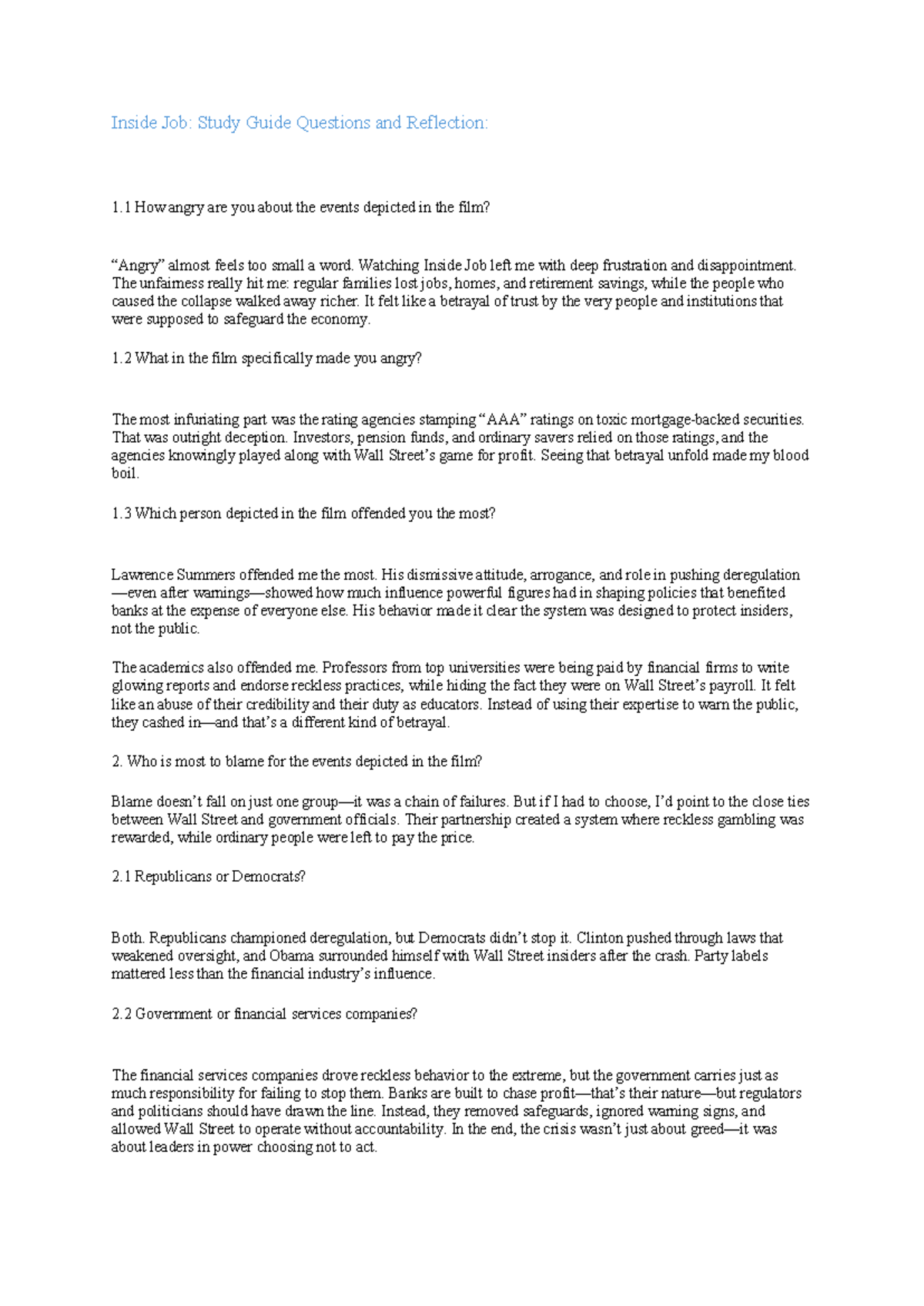 Inside Job (FIN 101): Study Guide Questions and Reflections - Studocu