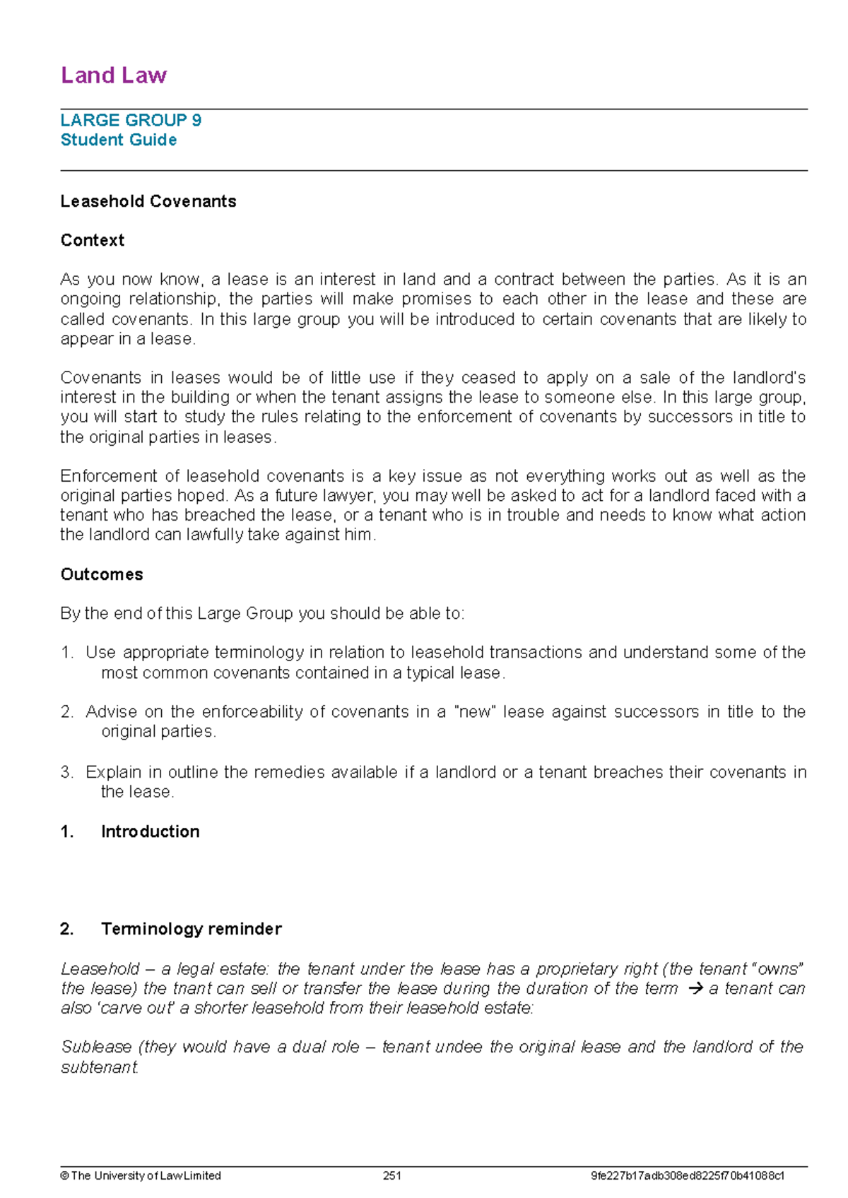Land Law Unit 9 - Large Group Notes on Leasehold Covenants - Studocu