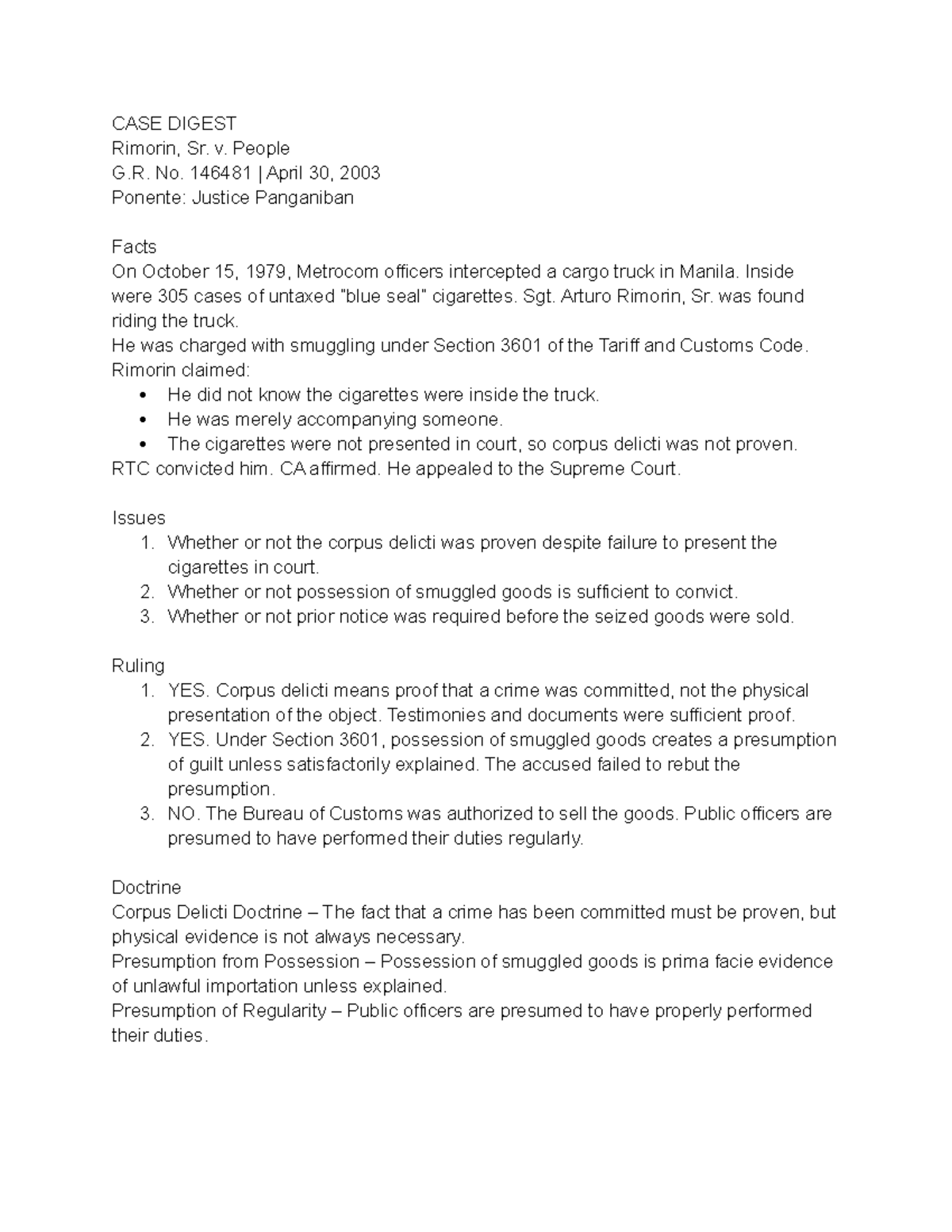 Case Digest: Rimorin, Sr. v. People G.R. No. 146481 (Corpus Delicti ...