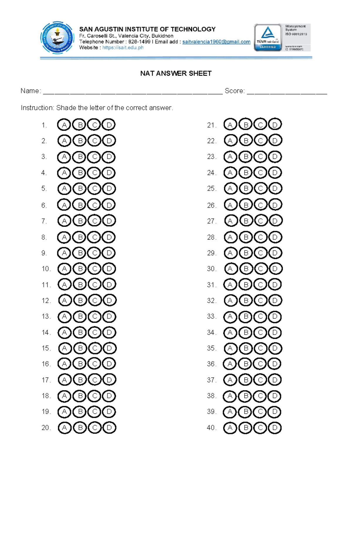 NAT Answer Sheet - NAT ANSWER SHEET Name: Score: - Studocu for Free Printable Bubble Answer Sheet 1 50