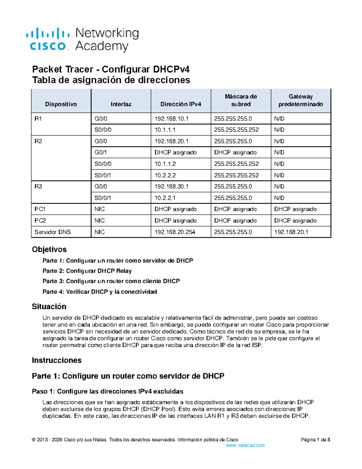 Packet Tracer - Configuración de DHCPv4 en Router R1 y R2 - Studocu